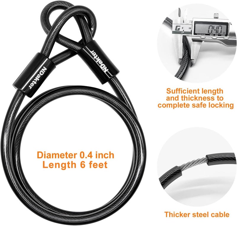 NDakter Bike Locks Heavy Duty Anti Theft  Bicycle U Lock for Ebike  18mm Shackle  6FT Steel Security Cable with 3 Keys for Electric Scooter  Motorcycle  Moped  Dirt-Bike  Tri-Bike Wheel Lock Sturdy - Image 5